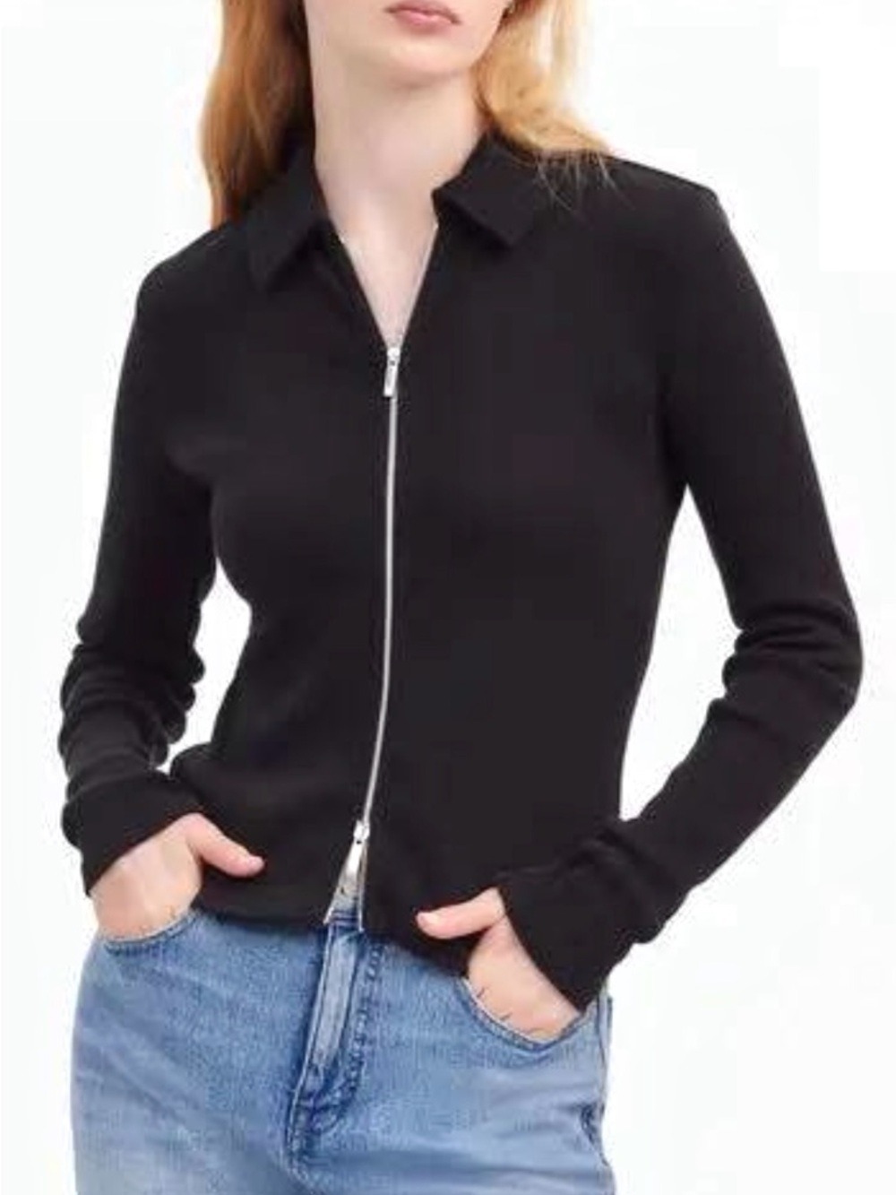 Madewell Black Zip Front Ribbed Long Sleeve Top Jacket Small